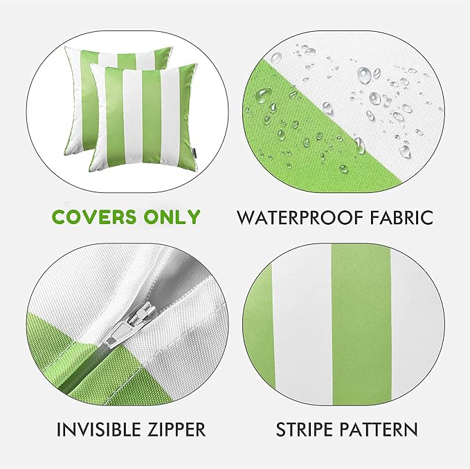 Pack of 2 Decorative Outdoor Waterproof Striped Throw Pillow Covers 18x18 | Green, Solid, Polyester Linen Garden Farmhouse Cushion Cases for Couch Sofa Patio Tent Balcony