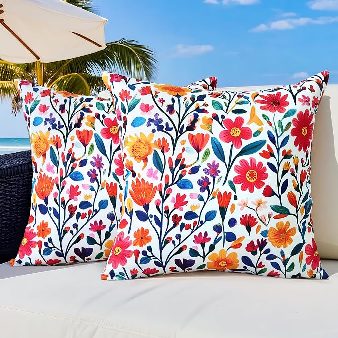 Outdoor Pillow Covers 18x18 Inch Set of 2 Floral Printed Boho Throw Pillows Cases Waterproof Square Garden Cushion Sham for Spring Summer Patio Funiture Tent Balcony Bench Sofa Couch