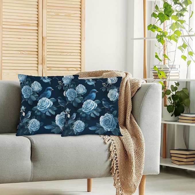 Swono Rose Set of 2 Decorative Throw Pillow Covers Cushion Case, Watercolor Blossom Roses Peony Farmhouse Pillowcase Cozy Pillow Cover for Couch Sofa Bed Garden Chair Car 18 X 18 Inch Blue