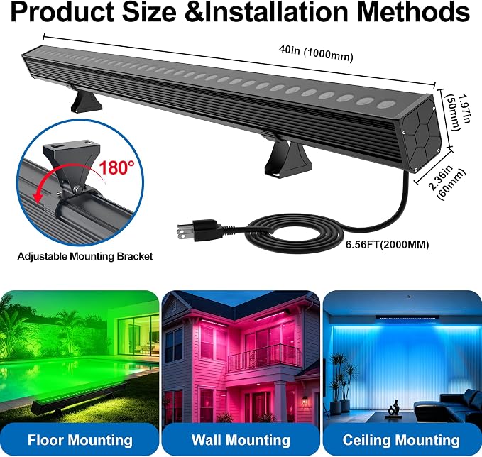 Smart LED Wall Washer Light, 40 Inch RGBCW Outdoor Color Changing Light Bar, App and RF Remote Control, 2700K-6500K Tunable White, 1%-100% Dimmable, Music Sync, 50 Scene Modes, IP65, AC120V