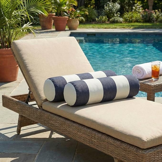 RSH DECOR: Sunbrella Neck Roll Pillows Set of 2 | 20” x 6” | Outdoor Bolster for Patio, Deck, Porch, or Poolside Furniture | Water & Fade-Resistant | Made in USA (Cabana Midnight Navy Stripe)