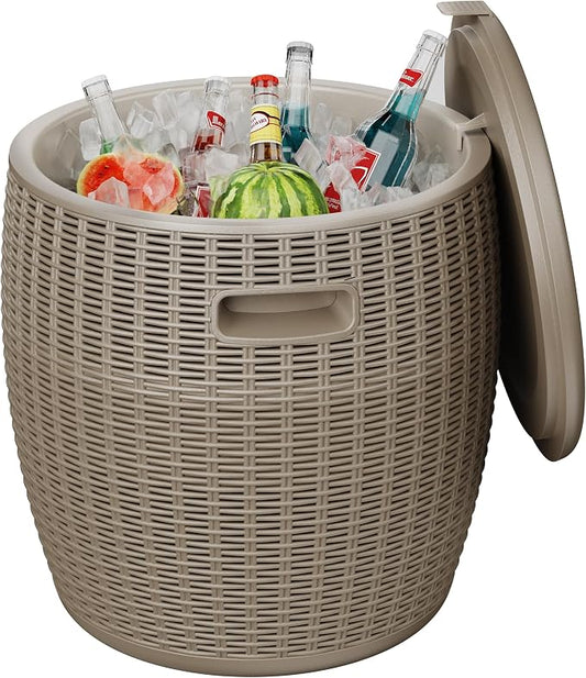 Outdoor Cooler Side Table, 9.5 Gallon Weather-Resistant Portable Ptio Cooler Table, Resin Rattan Round Cool Bar with Lid for Patio, Decor, Pool, Party (Gray)