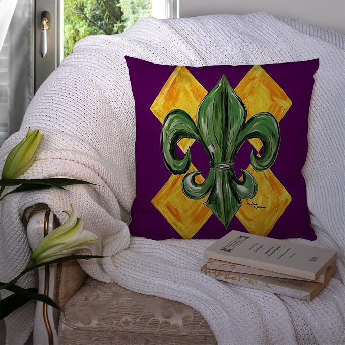 Caroline's Treasures 8133PW1414 Mardi Gras Fleur de lis Purple Green and Gold Fabric Decorative Pillow Machine Washable, Indoor Outdoor Decorative Pillow for Couch, Bed or Patio, 14Hx14W