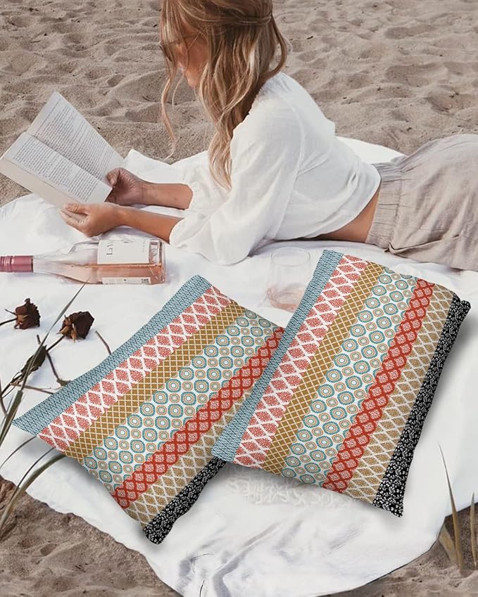 Boho Outdoor Pillow Covers Waterproof, Colorful Striped Ethnic Modern Geometric Abstract Art All Weather Cushion Case Set of 2, Lumbar Pillowcase for Sofa Couch Bed Decor Patio Furniture 20"x12"