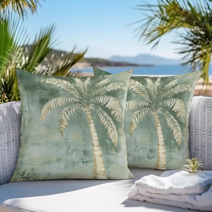 Coastal Beach Tree Sage Green Outdoor Waterproof Pillow Covers, Vintage Summer Palm Tree Decorative Square Throw Pillowcase, Tropical Botanical Sofa Cushion Sham for Patio/Couch/Chair, 16"x16" 2 Pack