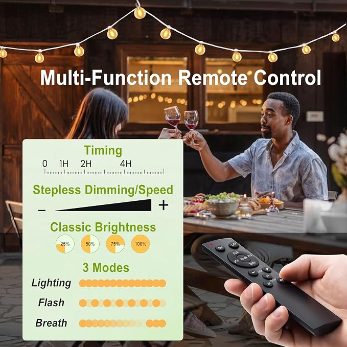 Outdoor String Lights White 75FT 75 Bulbs(1 FT Apart) with Remote for Patio | Waterproof Linkable Outside Lights with Remote Dimmer Timer &3 Lighting Modes for Backyard Bistro Garden Porch Wedding Deck