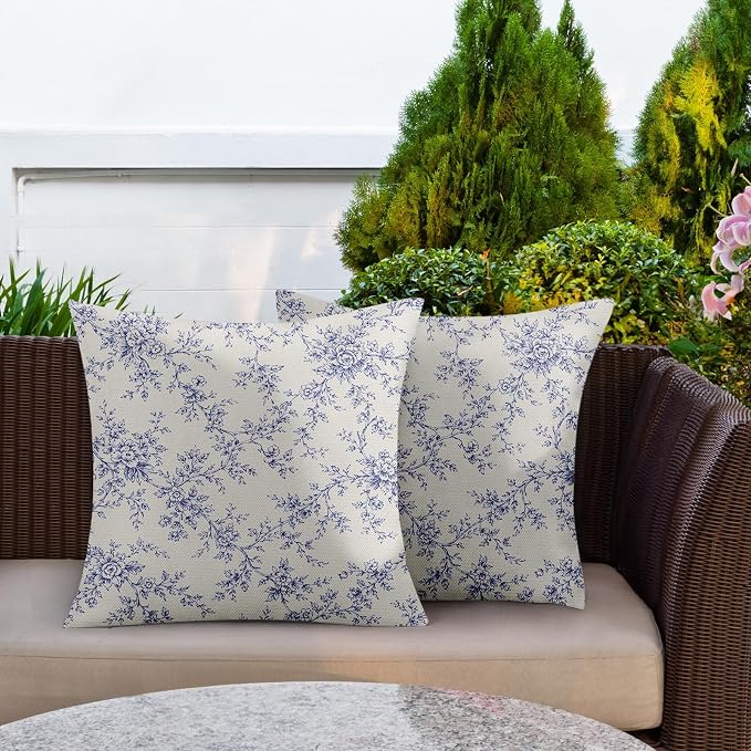 Outdoor Throw Pillow Covers, Blue Floral, 18 x 18 Inch, Set of 2 | Flower waterproof square cushion case pillowcase decorative pillows for farmhouse garden couch beach patio
