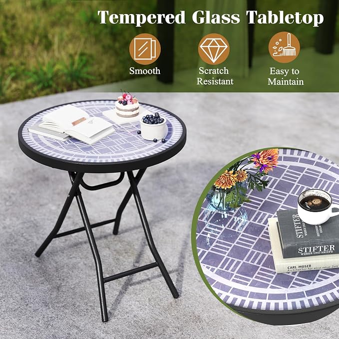 Giantex Set of 2 Folding Outdoor Side Table, 18” Round End Table with Tempered Glass Tabletop & Metal Frame, Portable Sofa Side Table, Patio Coffee Table for Yard Porch Poolside Living Room, Grey