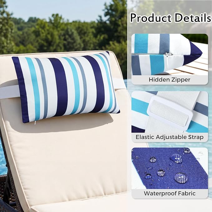 2 Pcs Outdoor Headrest Pillow for Patio Chaise Lounge 11"x16" | Navy Blue Striped Waterproof Pillows with Insert Adjustable Elastic Strap, Chair Head Resting Pillow for Recliner Beach Pool