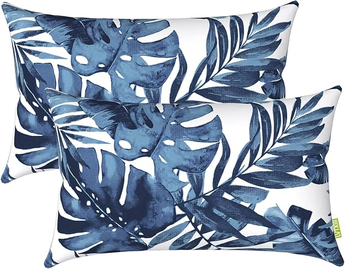 LVTXIII Outdoor/Indoor Lumbar Pillow Case Covers, 12” x 20” Patio Garden Decorative Lumbar Pillow Covers ONLY, Pack of 2 for Outdoor Home Patio Furniture Use - Palm Blue