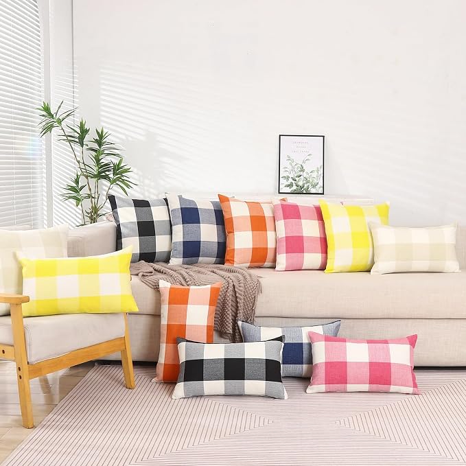 Orange Fall Decor Outdoor Plaid Fall Lumbar Pillow Covers 12x20 for Porch | Set of 2 Pillow Cover 12 x 20, Fall Lumbar Decorative Pillows for Bed Couch, Fall Cottage Core Decor, Vintage Pillow Covers