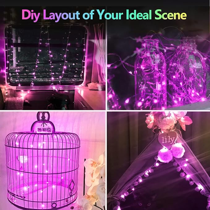 2 Pack 100 LED Fairy Lights Battery Operated with Remote, Halloween Light | 33 FT, Purple, 8 Modes, Timer, Dimmable, IP44 Waterproof Battery String Lights for Indoor Outdoor, Halloween Decorations