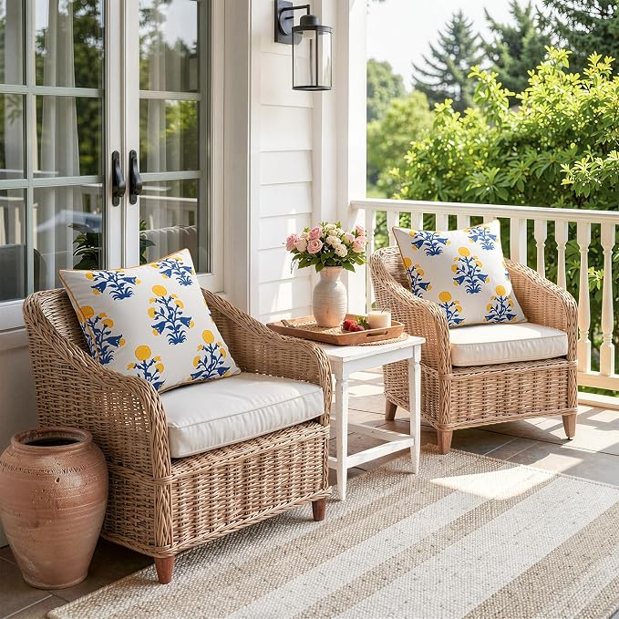 MIULEE Floral Outdoor Pillows Covers with Inserts 18x18 Blue and Yellow | Set of 2 Waterproof Decorative Throw Pillows with Piping,Vintage Fade Resistant, Patio Furniture Summer Garden Couch Sofa