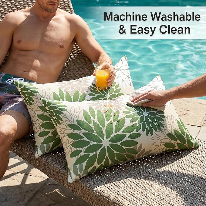 Dahlia Flowers Throw Pillow Covers 12×20 Inches Pack of 2 Outdoor Waterproof Pillow Case Green and Grey Decorative Cushion Covers With Invisible Zipper for Patio Furniture Sofa Garden Living Room