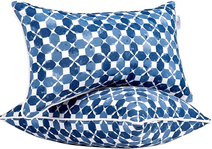 JMGBird Outdoor Lumbar Pillows Waterproof 12x20 Throw Pillows with Inserts | Blue Diamond Petal Pattern UV Fade Resistant Patio Cushions