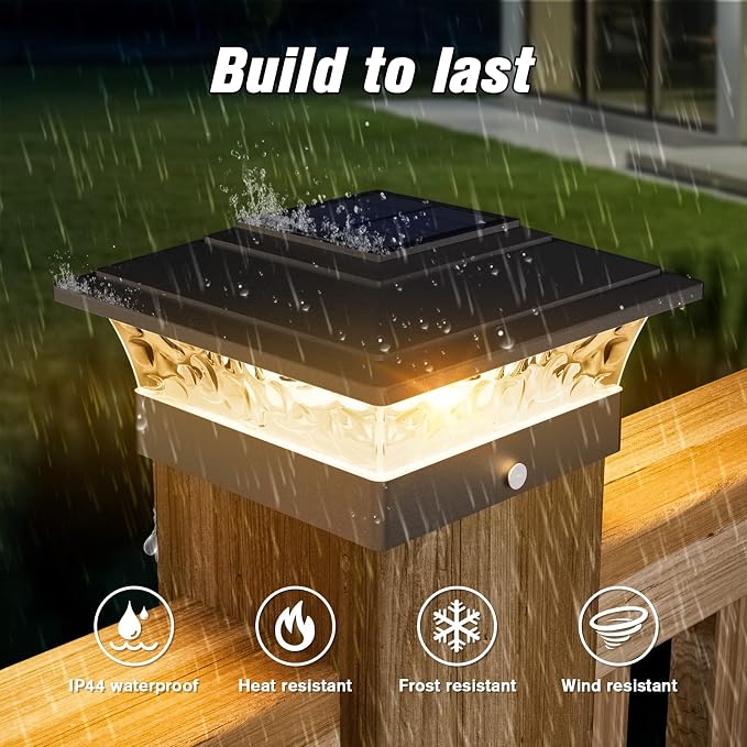 Solar Post Cap Lights Outdoor 6pack, Waterproof Solar Powered Deck Fence Post Lights Fit 4x4 Wood/Vinyl Posts, Black Deck Post Lights with Warm/Cool White for Garden, Patio, Porch, Fence