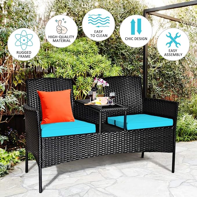 HAPPYGRILL Outdoor Rattan Loveseat Set Patio Wicker Conversation Set with Removable Cushions, Wicker Sofa Furniture Set with Coffee Table for Garden Lawn Backyard