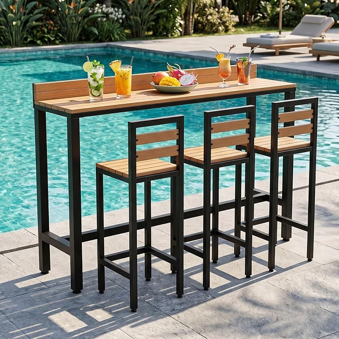 Outdoor Patio Bar Height Table with Baffle, Weather Resistant High Counter Table Porch Pub Tables Wood-Plastic Tabletop, for Poolside Garden Balcony Restaurant Cafe(Black,70.8"x15.7"x40.5")