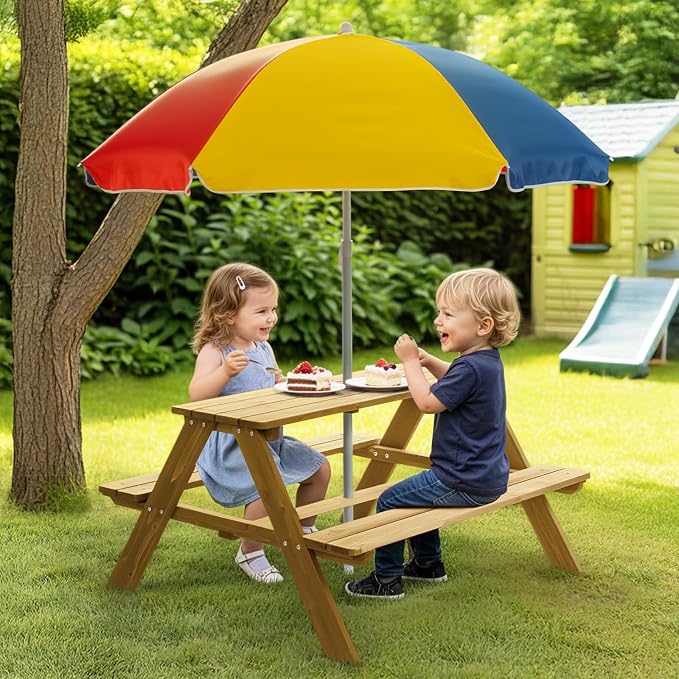 Kids Picnic Table, Wooden Toddler Picnic Table and Chair w/Removable Umbrella, Kids Outdoor Furniture for Patio Garden, Teak