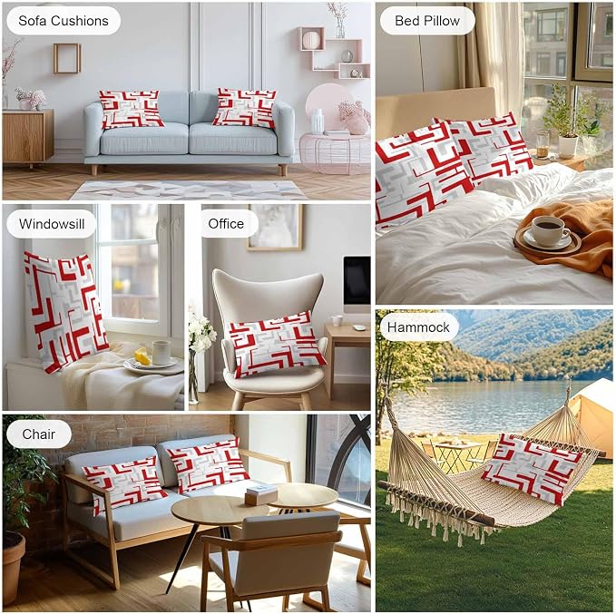 Vandarllin Outdoor Throw Pillows Covers 20x12 inch Set of 2 Waterproof Red Geometric Stripes Decorative Zippered Cushion Covers for Patio Furniture, Modern Abstract Lines Lumbar Pillowcases