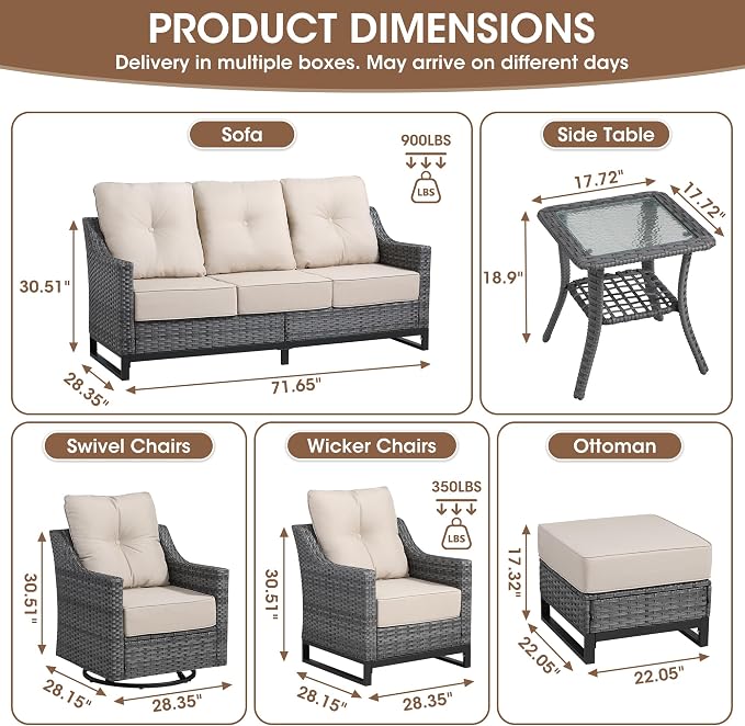 8 Piece Patio Furniture Set, Grey Wicker Outdoor Conversation Set with 2 Swivel Rocker Chairs, 2 Wicker Chairs, Sofa, 2 Ottomans and Side Table, Beige Cushions for Porch, Deck, Patio