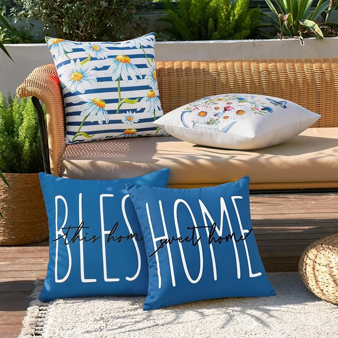 cygnus Spring Summer Waterproof Outdoor Pillow Covers 18x18 Inch Set of 4 Home Sweet Home Bless Daisy Striped Outdoor Pillows for Patio Furniture Garden Bench Proch Balcony,Blue