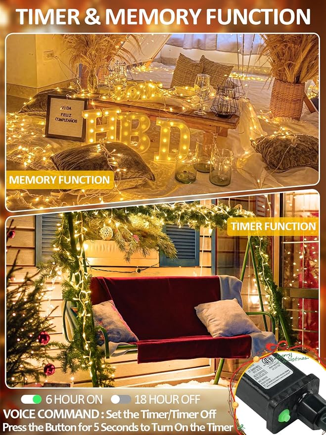 200 LED Christmas Tree Lights with Voice/Button Controlled Outdoor Indoor | 66FT Warm White Christmas String Lights, Clear Wire, 12 Modes, Dimmable, Waterproof Twinkle Fairy Lights for Party Garden