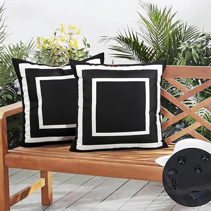 Pyonic Outdoor Waterproof Throw Pillow Covers 18 X 18 Inches Black and White Geometric Modern Pillow Covers for Patio Garden Porch Set of 2