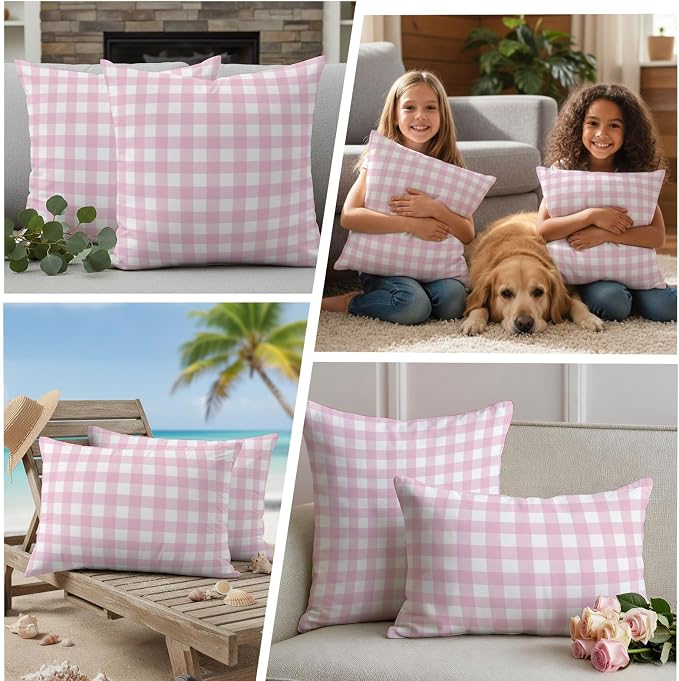 Light Pink Checks Outdoor Pillow Covers 24"x24" Set of 2, Gingham Plaid Abstract Modern Minimalist Waterproof Throw Pillow Covers for Patio Furniture, Decorative Cushion Covers for Porch