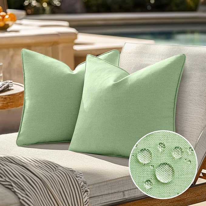 EMEMA Pack of 2 Decorative Outdoor Waterproof Throw Pillow Covers 18x18 Inch Solid Broadside Soft Outside Pillowcase Classic Cushion Cases for Patio Furniture Sunbrella for Balcony Decor Sage Green
