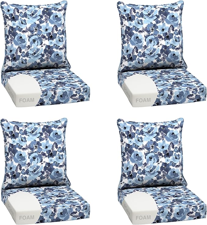 Arden Outdoor Deep Seat Cushion Set, Foam, 24x24, Blue Garden Floral | 4-Pack, Sofa, Couch, Conversation Set, Premium High-Density Foam, Never Flattens, Mold and Mildew Resistant