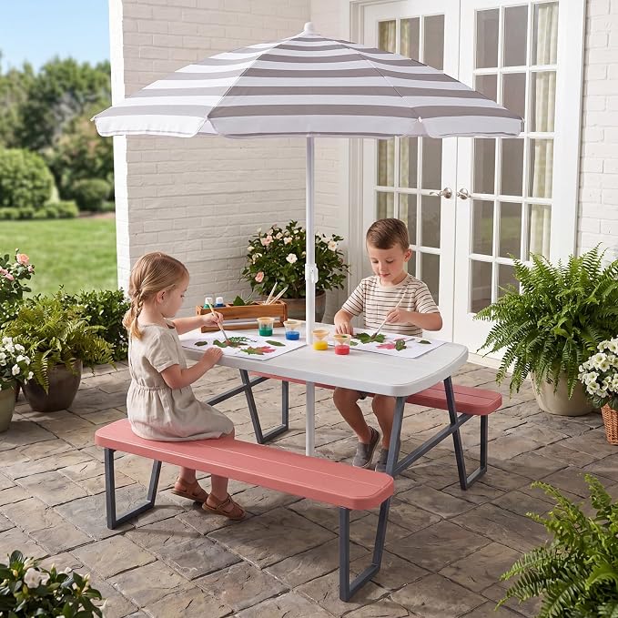 HONEY JOY Kids Picnic Table, 4 Person Toddler Outdoor Table and Chair Set, Built-in Benches, Removable Umbrella, Metal Frame & HDPE Top, Children Outdoor Furniture for Backyard Patio Garden (Pink)