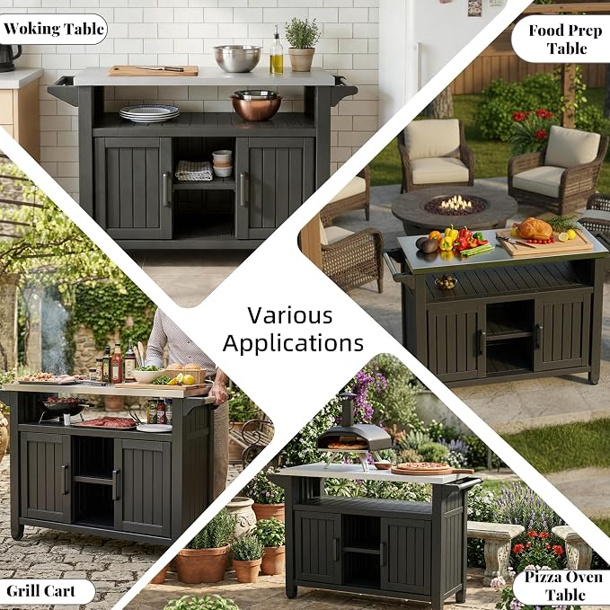 EFU Outdoor Bar Cart, Kitchen Island with Storage Cabinet & Stainless Steel Top, Outdoor Grill Table for Food Prep, Drinks, Snacks, and Cooking, Grill Cart for Parties, Pool, BBQ