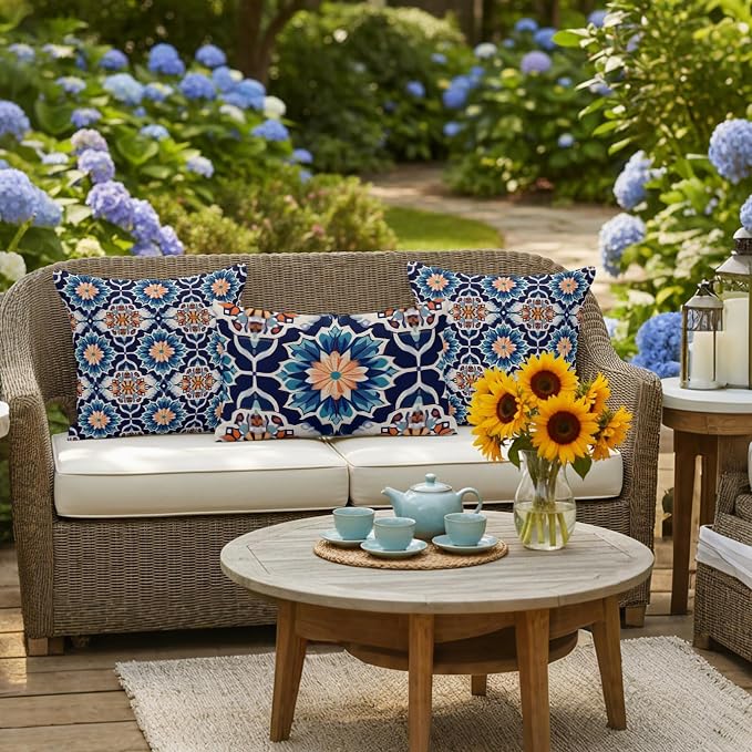 Orange Blue Outdoor Pillow Covers 18x18 Inch Throw Pillow Covers Set of 2 Waterproof Decorative Pillow Cases Morocco Boho Abstract Floral Ethnic Tribal Cushion Covers for Patio Furniture Garden Couch