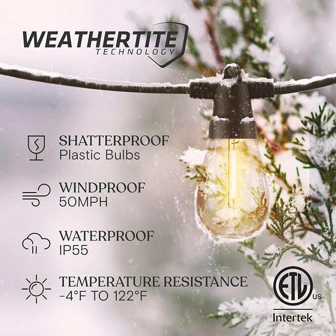 Brightech Ambience Pro Solar String Lights & Remote, Commercial Grade 48 ft | Dimmable Outdoor String Lights, Waterproof Patio Lights, 15 Shatterproof LED Edison Bulbs for Outside & Porch, 4W Soft White