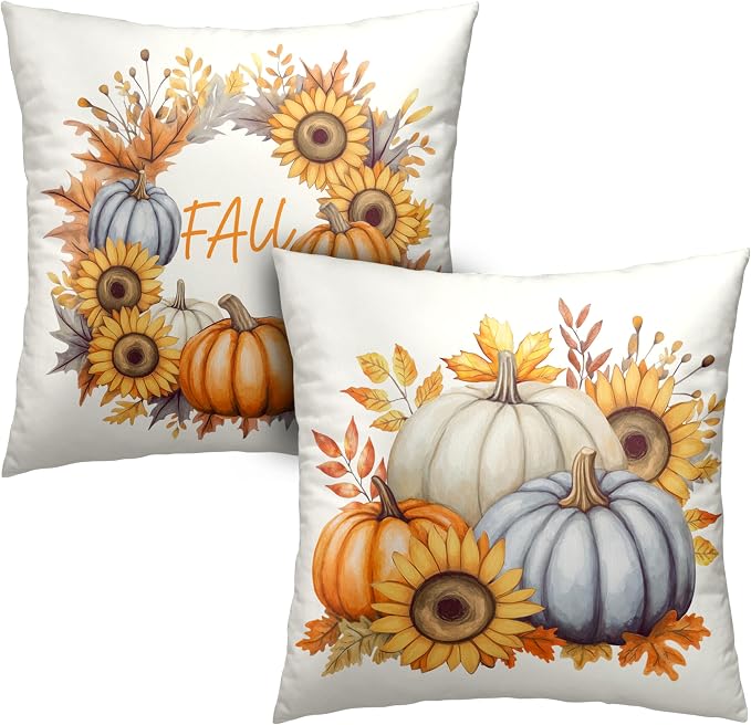 Fall Pillow Covers 22x22 Set of 2 Colorful Pumpkin Sunflower Wreath Throw Pillow Covers Autumn Harvest Pillow Case Thanksgiving Cushion Case for Home Decor Couch Sofa