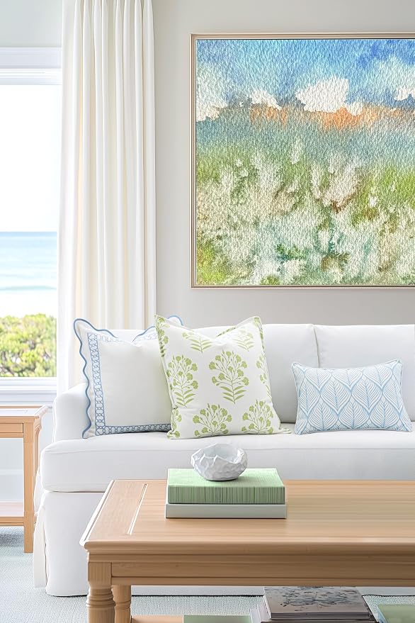 Hofdeco Premium Coastal Patio Indoor Outdoor Lumbar Pillow Cover Only, 12"x20" Water Repellent for Backyard, Couch, Baby Blue Print Geometric Leafs