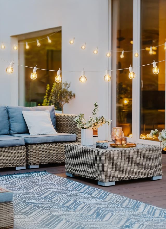 Brightown Outdoor String Lights, 29FT G40 LED IP65 Waterproof Patio Lights | 12 Shatterproof Edison Bulbs, Plug-In, Dimmable, Connectable, Hanging Light for Backyard Porch Party Decorative, White Wire