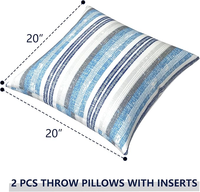 Outdoor Pillows for Patio Furniture 20x20 inch, Square Outdoor Throw Pillows with Inserts, Decorative Patio Pillows for Garden Couch Home Sofa Office Chair, Pack of 2, Stripe Layered Blue