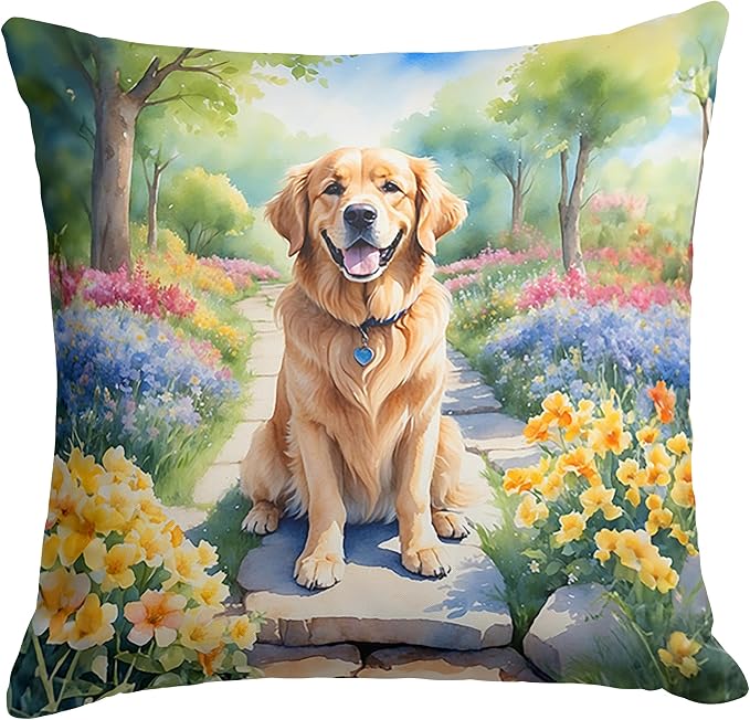 Caroline's Treasures Golden Retriever Spring Path Throw Pillow Machine Washable, Indoor Outdoor Decorative Pillow for Couch, Bed or Patio, 18Hx18W