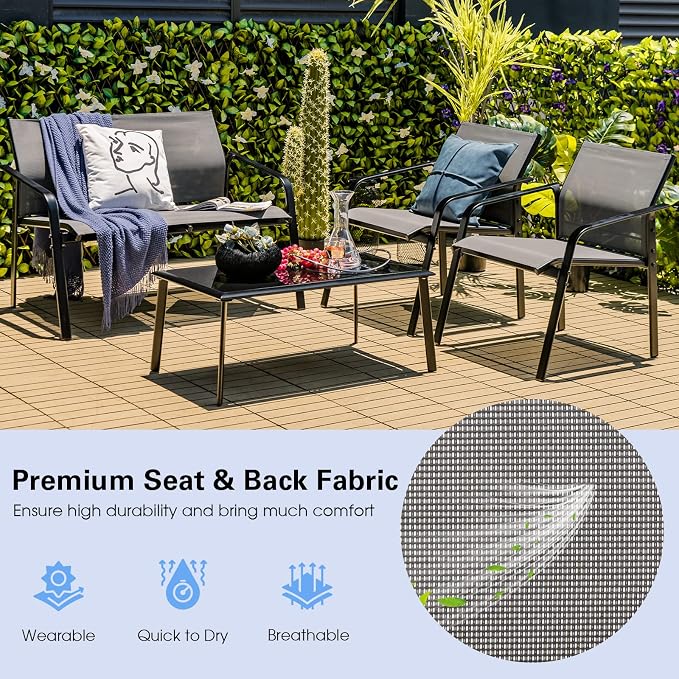 HAPPYGRILL 4 Piece Outdoor Conversation Set Patio Furniture Set, Breathable Fabric Single Chairs & Loveseat, Tempered Glass Coffee Table, Patio Bistro Set for Poolside Yard Garden