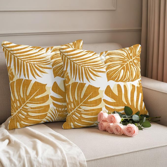 Vintage Yellow Palm Leaves Outdoor Pillow Covers 18"x18" Set of 2, Tropical Botanical Minimalist Modern Waterproof Throw Pillow Covers for Patio Furniture, Decorative Cushion Covers for Porch