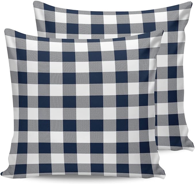 Outdoor Waterproof Throw Pillow Covers Set of 2 Buffalo Plaid Dark Blue Check Pillowcases 16x16 Inches Farmhouse Style Patio Decorative Pillows Cushion Case Patio Pillows for Couch Bed Chair Garden