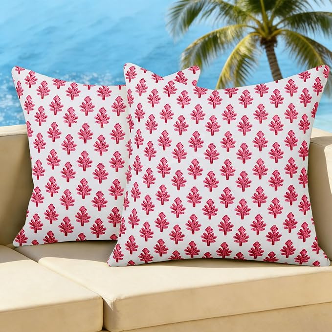 Outdoor Pillow Covers 20x20 Set of 2 Boho Hot Pink Floral Accent Print Decorative Throw Pillow Cases for Outdoor Waterproof Patio Furniture Garden Porch Sofa Bed Cushion Covers Home Decor JB005-F20