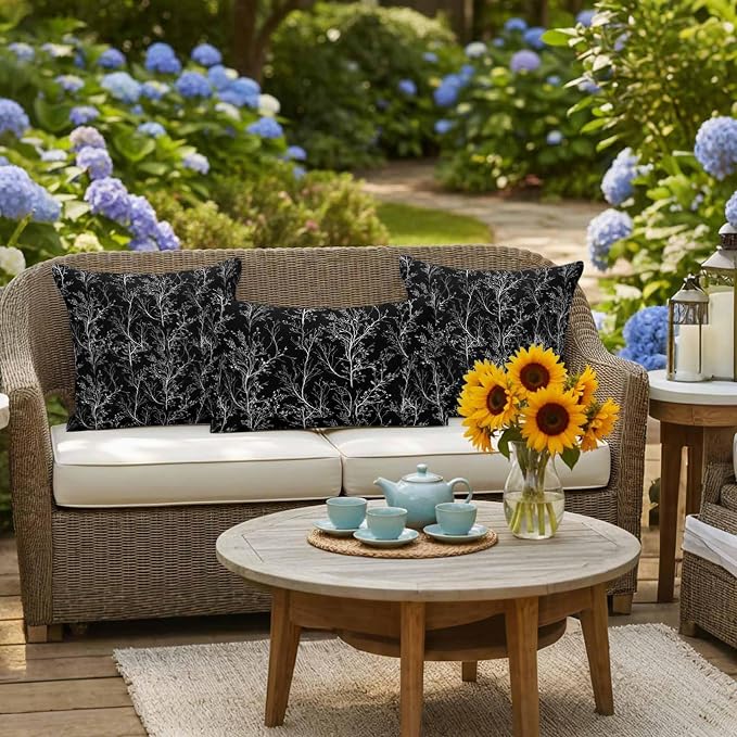 Black Branches Waterproof Outdoor Pillow Covers Set of 2 Home Decor, Abstract Art Leaves Plant Pillowcase Patio Pillow Covers for Couch Bench Patio Furniture Garden 18x18in