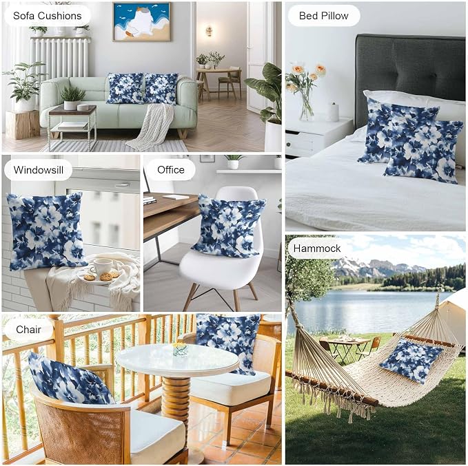 Outdoor Throw Pillow Cover Abstract Watercolor Flower Art Waterproof Cushion Covers 2 Pack Natural Blue White Floral Pillow Cases Home Decoration for Patio Garden Couch Sofa