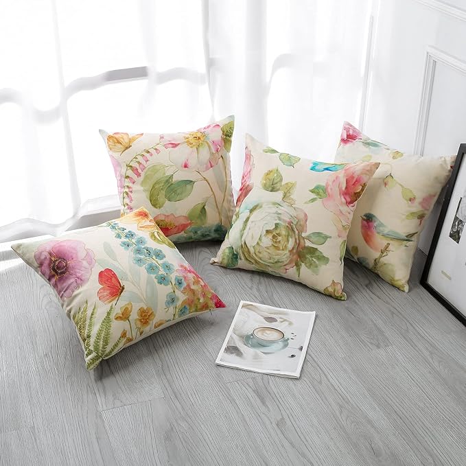 Artscope Set of 4 Waterproof Throw Pillow Covers 18x18 Inches, Colorful Flowers Bird and Butterfly Pattern Decorative Cushion Covers, Perfect to Outdoor Patio Garden Living Room Sofa Farmhouse Decor