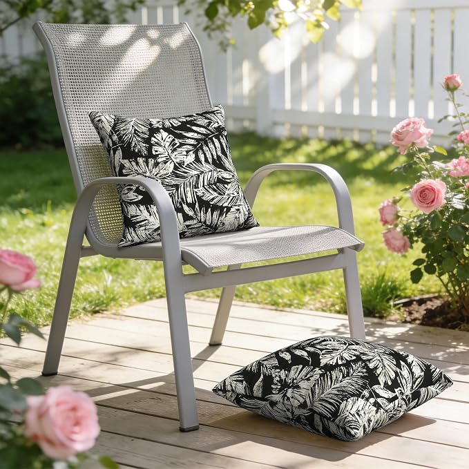 Outdoor Pillows with Insert 18x18 Inch, Waterproof Throw Pillow for Patio Furniture, Decorative Back Cushion for Garden Home Sofa Office Chair, Set of 2, Tropical Leaf Black
