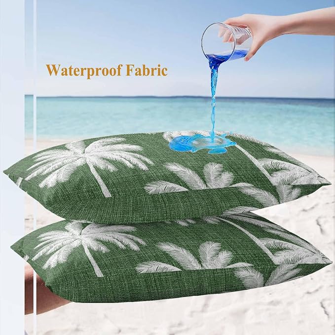 Lumbar Pillow Covers 20x12 Inch Set of 2, Dark Green Palm Trees Waterproof Outdoor Pillow Covers, Farmhouse Tropical Summer Beach Decorative Cushion Pillowcases for Couch, Sofa, Bed, Garden, Patio