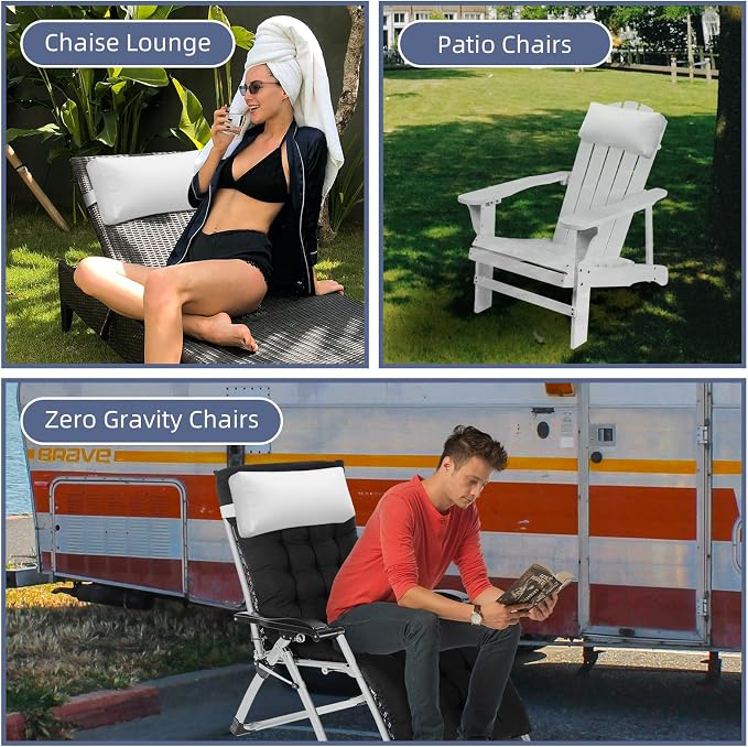 Chaise Lounge Head Pillow, 2 Pack Outdoor Patio Pillows with Adjustable Strap, Lounge Head Resting Pillow for Recliner Beach Pool Lounger Office Chair，Water Resistant White